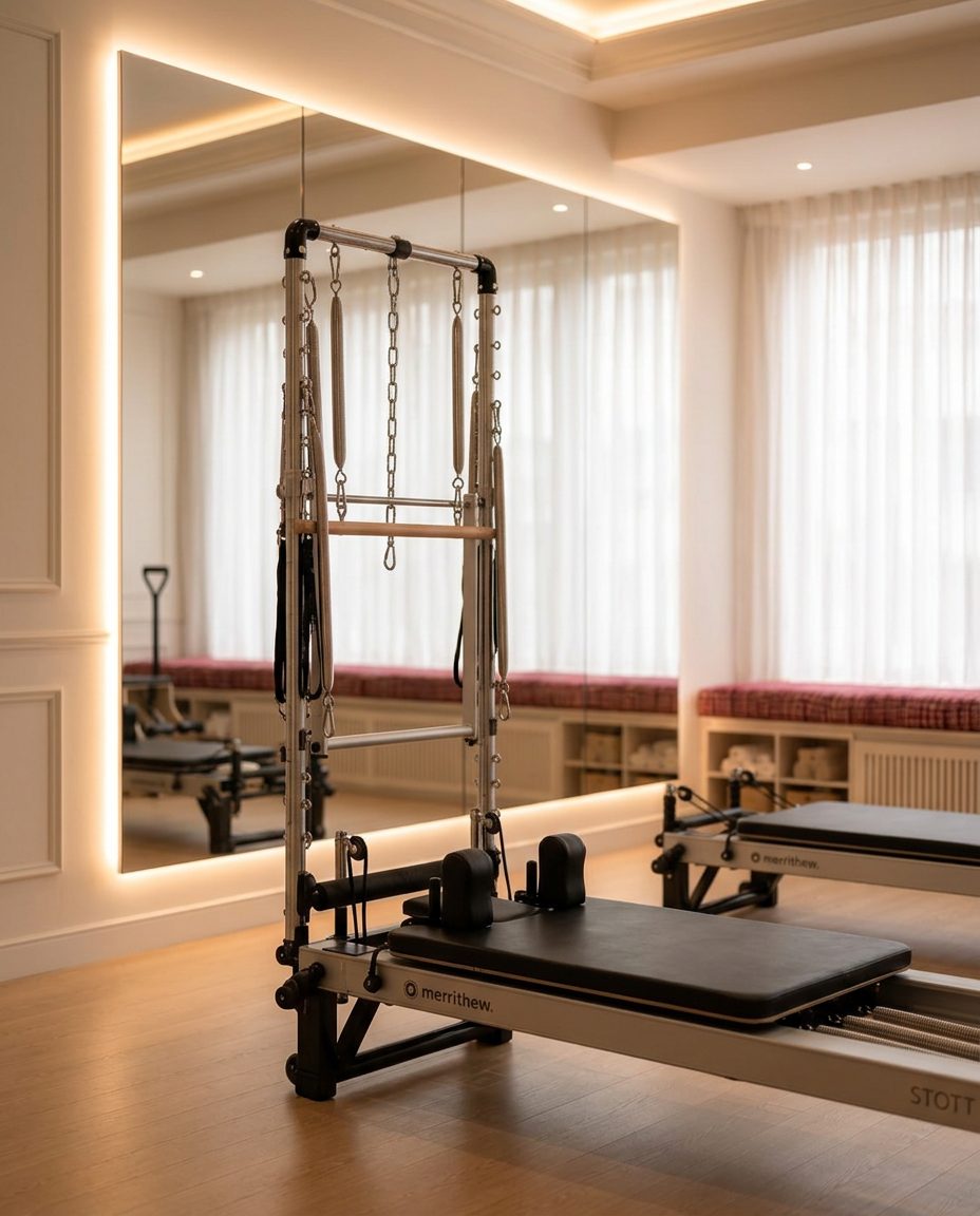 A Merrithew reformer beside the backlit mirror wall and sheer windows in the Private Pilates Co. studio